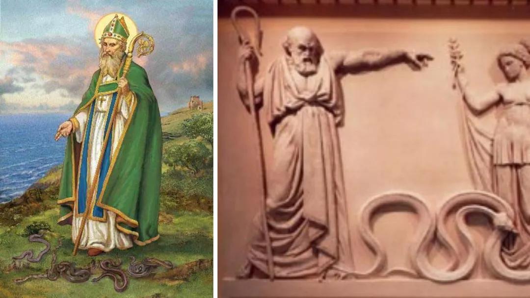Depictions of St. Patrick driving the snakes out of Ireland