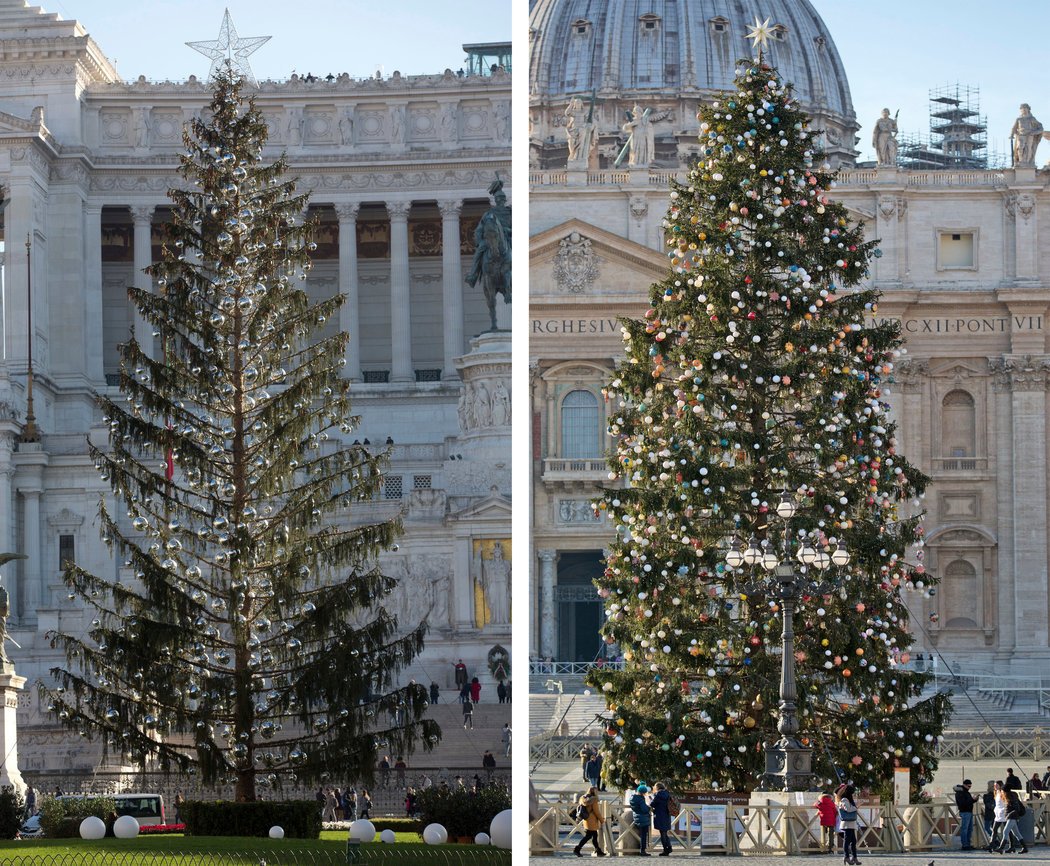 周二拍摄的照片显示了威尼斯广场上的罗马官方圣诞树（左）和梵蒂冈圣彼得广场上的圣诞树（右）。