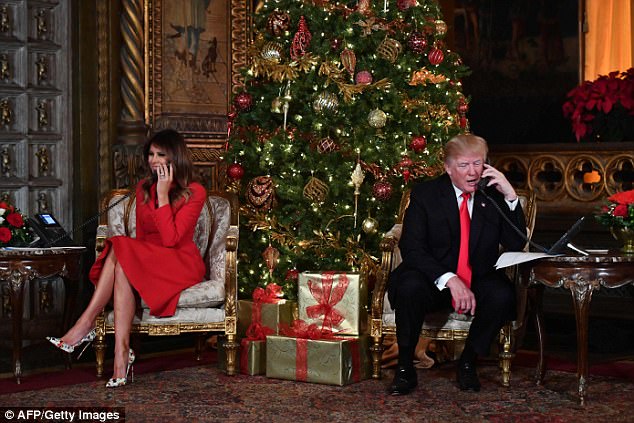 Trump and the First Lady Melania participate in NORAD Santa Tracker phone calls at the Mar-a-Lago resort in Palm Beach, Florida on December 24
