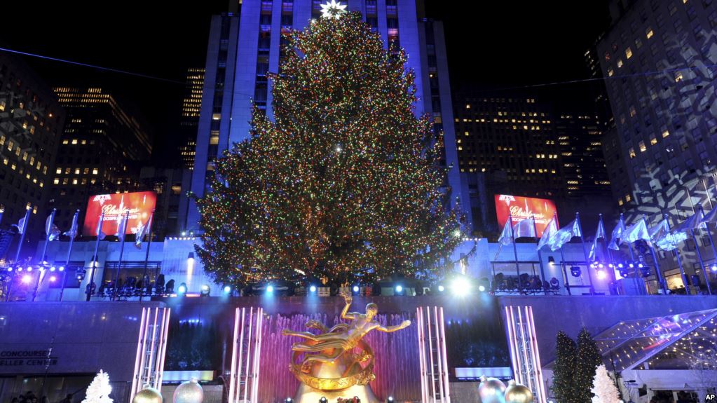 The Rockefeller Center Christmas Tree stands lit, Wednesday, Nov. 29, 2017, in New York. The 75-foot tall Norway spruce is covered with more than 50,000 multi-colored LED lights and will remain lit until Jan. 7. (Diane Bondareff/AP Images)