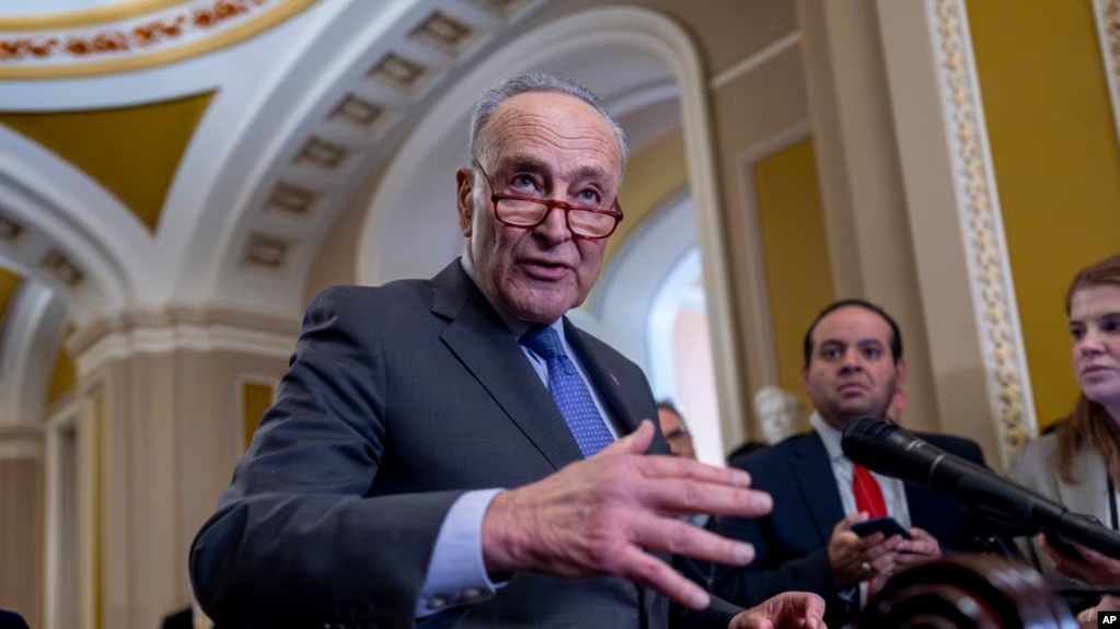 U.S. Senate Majority Leader Chuck Schumer of New York meets with reporters to discuss efforts to pass the final set of spending bills to avoid a partial government shutdown, at the Capitol in Washington, March 20, 2024. 
