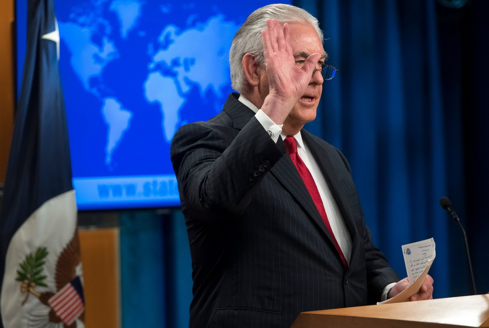 The U.S. State Department holds a media briefing after Rex Tillerson was fired as secretary of state.