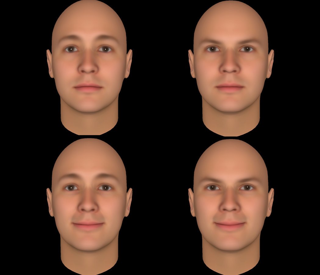 上面一排，眉毛较低的面孔看起来比较愤怒。普林斯顿大学的教授亚历山大·托多罗夫发现，“后者的眉毛搭配微笑（右下角），不一定会有积极的属性，面孔看起来‘狡诈’。”