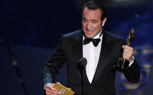 Jean Dujardin, Oscar winner for Best Actor for the movie The Artist, addresses the audience 