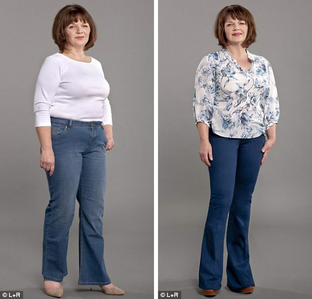 Result: Margaret Fiddes looks taller and slimmer, right, in Marrakesh style jeans, 154, mih-jeans.com