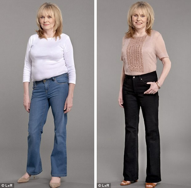 Flattering: Linda Kirkbride wears Magi Fit jeans, right, 34, marisota.co.uk