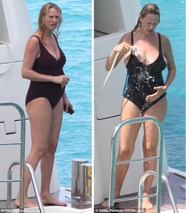 Maternity swimwear: Uma wore a maroon swimming costume before changing into a black one with blue stripes
