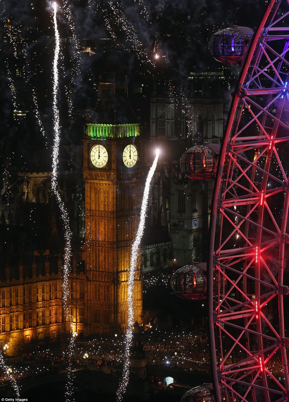 Celebration: Fireworks light up the London skyline - including the Elizabeth Tower housing Big Ben - just after midnight 