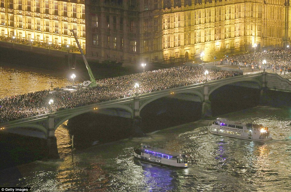Busy: Thousands of people packed onto Westminster Bridge to watch the impressive firework show