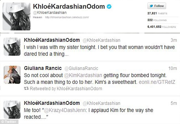 Furious: Kim's little sister Khloe also took to her Twitter account to leap to Kim's defense 