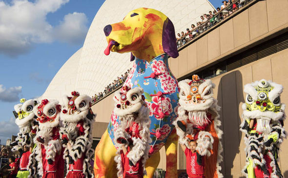 Chinese dragon dancers outside the Sydney Opera House