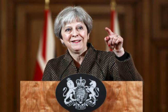 Prime Minister Theresa May during a press conference in 10 Downing Street on the air strikes against Syria 