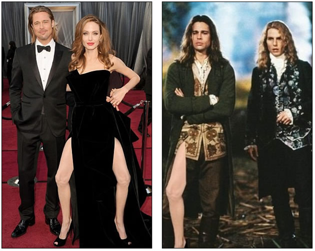 Seeing double: A mirror-image mock-up was one of the first parodies to hit the net poking fun at Angelina's leggy pose, while partner Brad Pitt in Interview with the Vampire was given the photoshop treatment