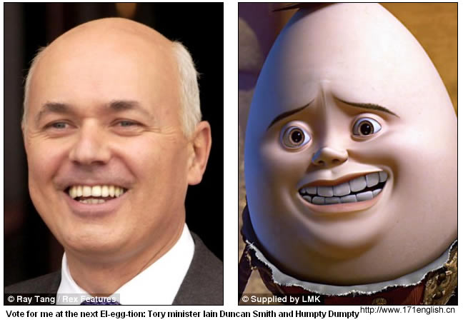 Vote for me at the next El-egg-tion: Tory minister Iain Duncan Smith and Humpty Dumpty