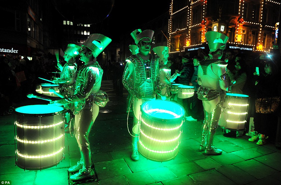 Fun: Celebrations were underway in Newcastle city centre long before the bell struck midnight as the Spark drumming band entertained the crowds
