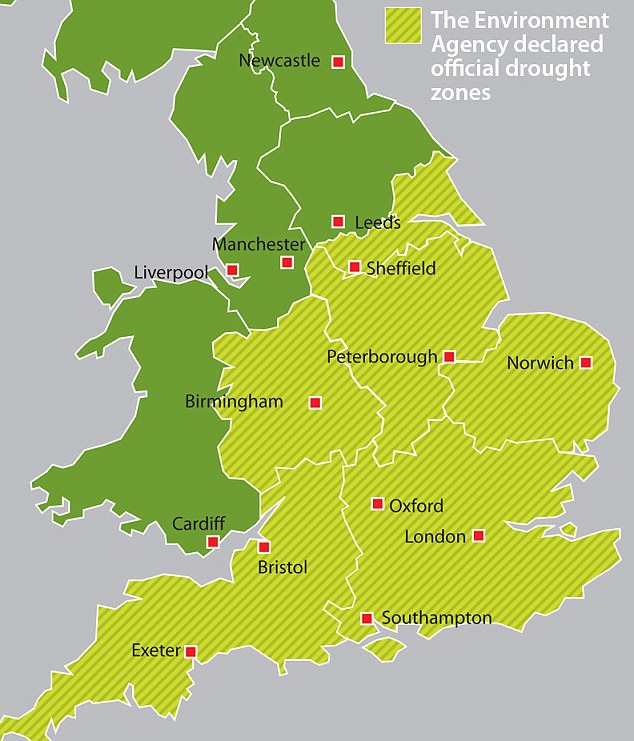 How things stand: More than 17 counties in the South West and the Midlands, affecting more than 35million people, are now officially designated as 'water-stressed'