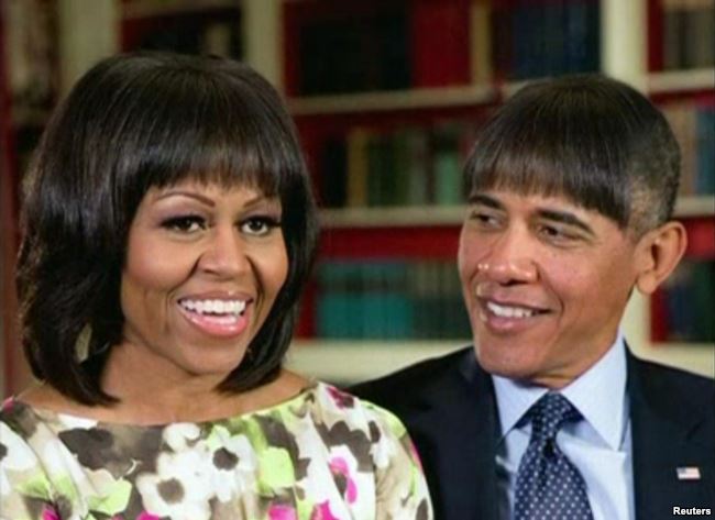U.S. President Barack Obama makes light of his wife Michelle Obama's new bangs with a fake pictures of himself with the same hairdo in this photo created by the White House